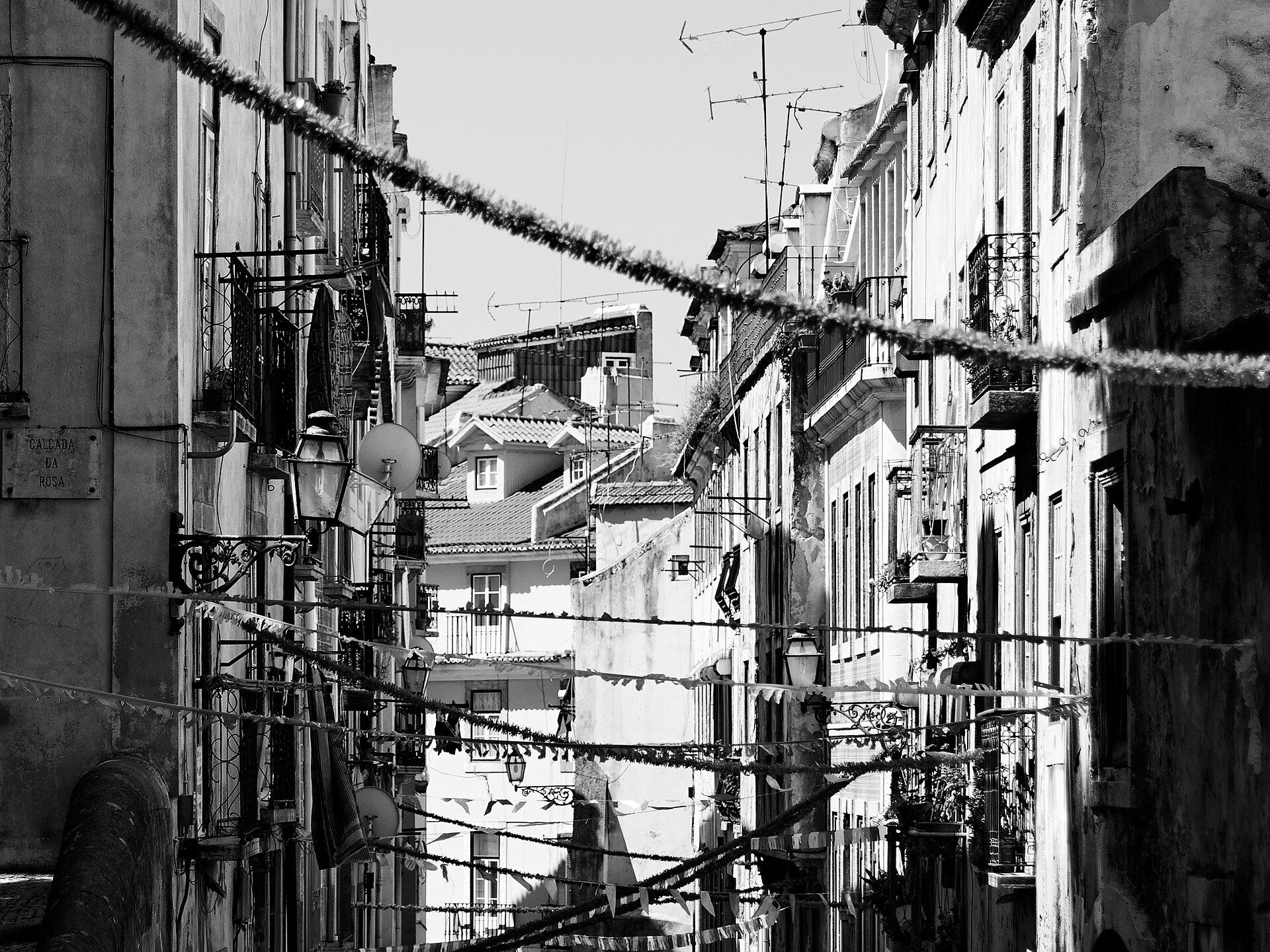 Fotografia em preto e branco de uma rua de Lisboa enfeitada com bandeirolas e grinaldas.